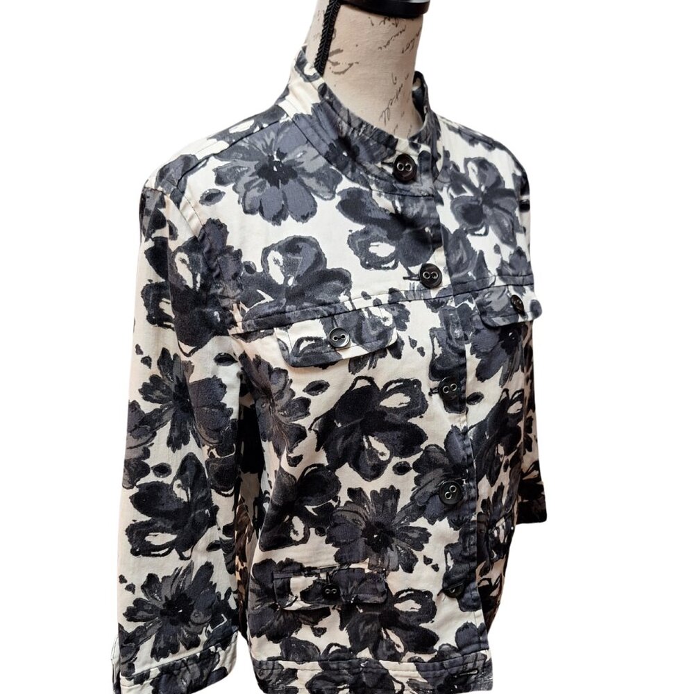 Womens‎ Black & White Floral Denim Jacket Large - Retro 90s Cottage Preppy - Picture 4 of 9